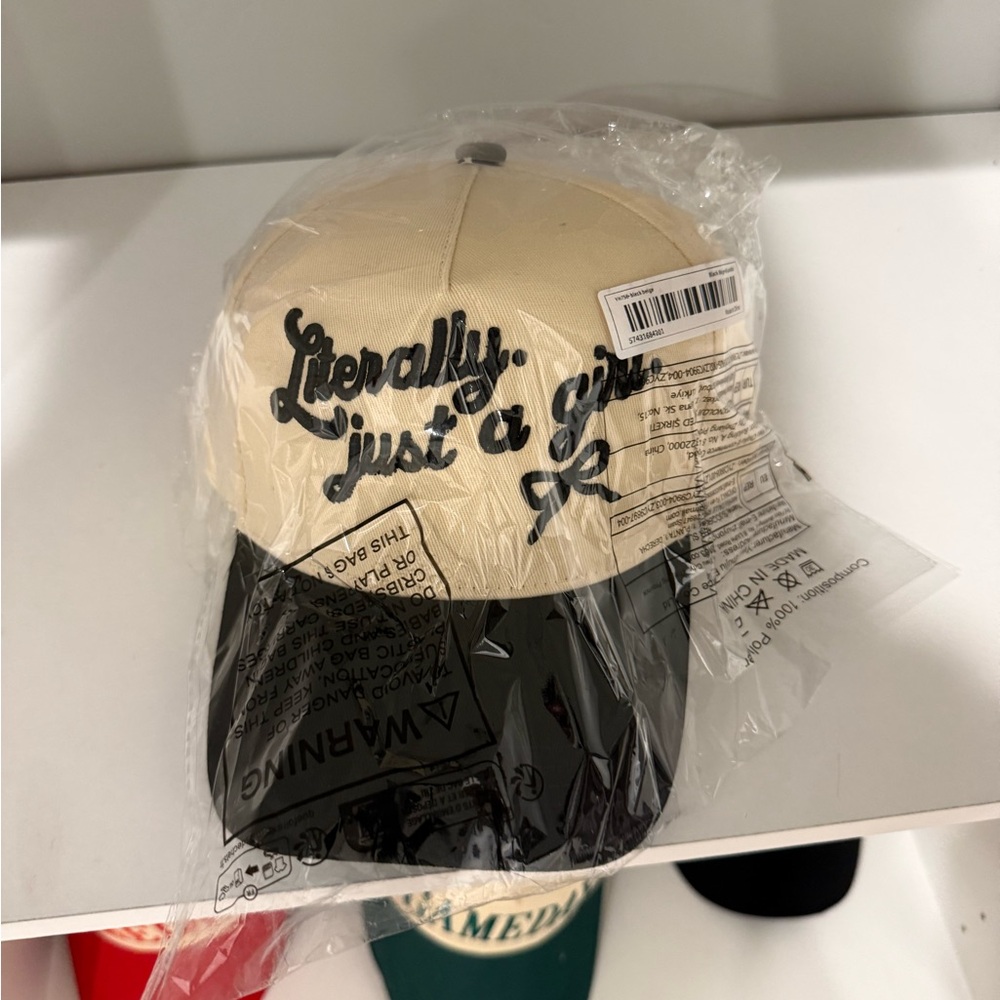 Beige and Black Cap with Script Embroidery